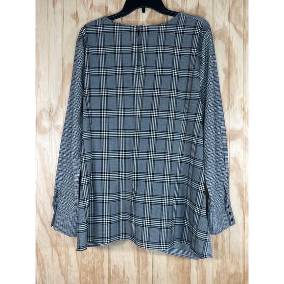 Halogen 2X Black White Plaid Houndstooth Faux Tie Waist Shirt Long Sleeve Blouse - Picture 9 of 10